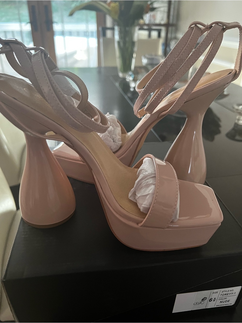 NUDE PATENT PLATFORM CHUNKY BLOCK HEEL WITH ANKLE STRAP - Picture 4 of 5
